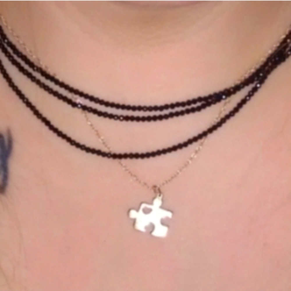 Layered Black Bead Choker with Silver Puzzle Pendant
